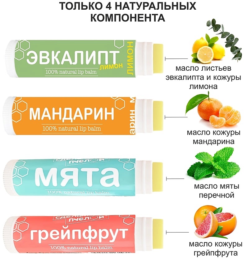 СДЕЛАНОПЧЕЛОЙ 100% натуральные бальзамы для губ "Зимняя серия", коробка 4 штуки – фото 2